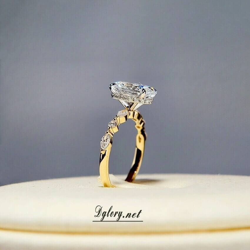 Lab Diamond Engagement Ring,14K White and Yellow 2-Tone 3CT, E VS1, Oval Cut ,Hidden Halo Over Prongs, Side Lab Marquise and Round Half Band (ST 0009)