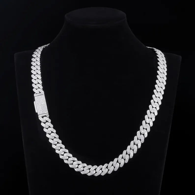 MOISSANITE Miami 12mm Rounded Prong Miami Cuban Link Chain Necklace Bracelet,Solid 925 Sterling Silver, 6"- 24" Lengths,PASSES DIAMOND Tester