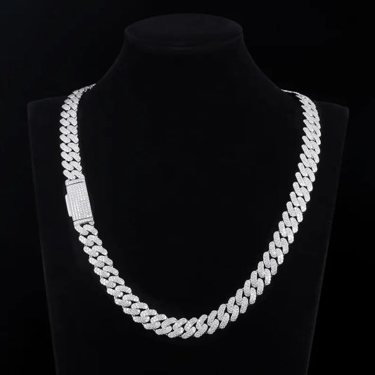 MOISSANITE Miami 12mm Rounded Prong Miami Cuban Link Chain Necklace Bracelet,Solid 925 Sterling Silver, 6"- 24" Lengths,PASSES DIAMOND Tester