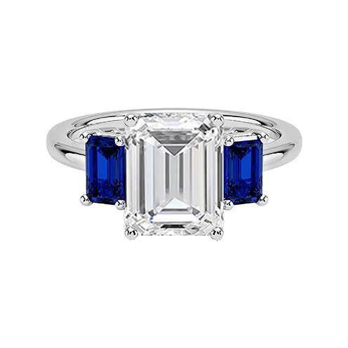 Luxe Rhiannon Three Stone center 4ct f vs1 lab emerald cut diamond with lab blue baguette Sapphire Engagement Ring (EM 4138)