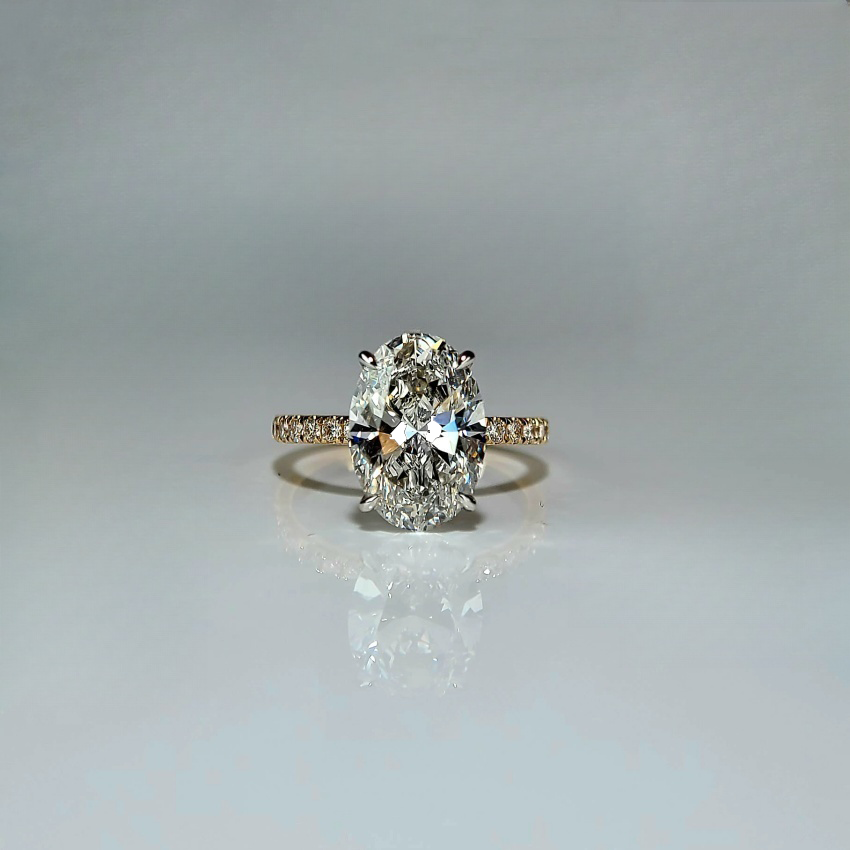 Lab Diamond Engagement Ring, 14KGold,4CT, F VS1,Lab Oval Cut, IGI Certified,Lab Created Engagement Ring, Peved Band Hidden Halo Over Prongs  (ST 0011)