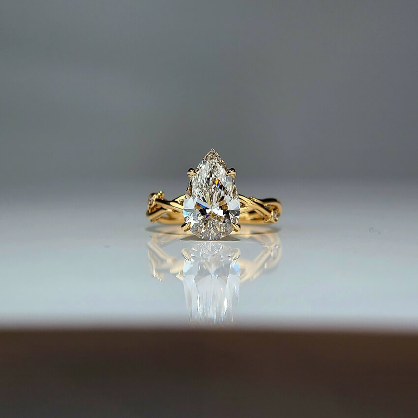2.5CT, F VS1, Lab Pear Cut, 14K, Lab Grown Created Diamond Engagement Ring, Water Drop Shape, IGI Certified, Twisted Band 1 Lab Either Side(ST 0022)