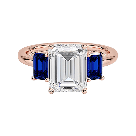 Luxe Rhiannon Three Stone center 4ct f vs1 lab emerald cut diamond with lab blue baguette Sapphire Engagement Ring (EM 4138)