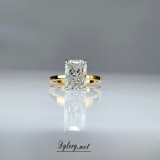 14K White & Yellow Gold, 2-Tone, 3 CT, F VVS2, Radiant Cut, IGI , Flat Plain Band, Lab Grown Diamond Engagement Ring,Hidden Halo Over Prongs (ST 0003)