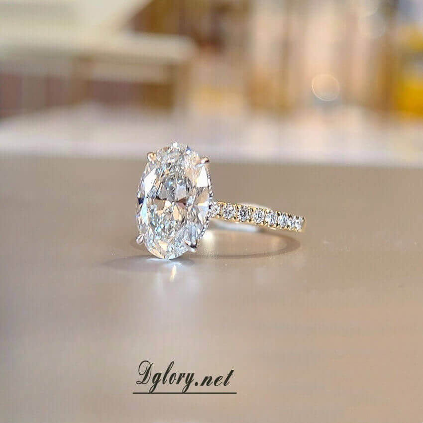 Lab Diamond Engagement Ring, 14KGold,4CT, F VS1,Lab Oval Cut, IGI Certified,Lab Created Engagement Ring, Peved Band Hidden Halo Over Prongs  (ST 0011)