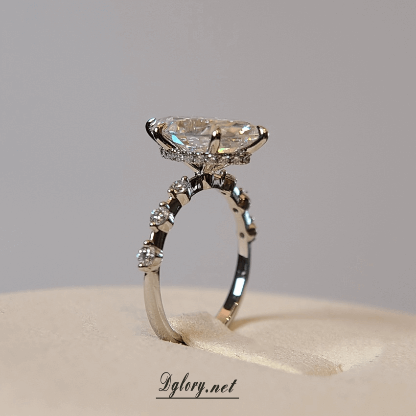Moissanite 14K 3CT Marquise 7x14mm side moissanite with 3 Moissanite Stones spaced out, Engagement Ring, GRA Certified, Hidden Halo ,6-Prong