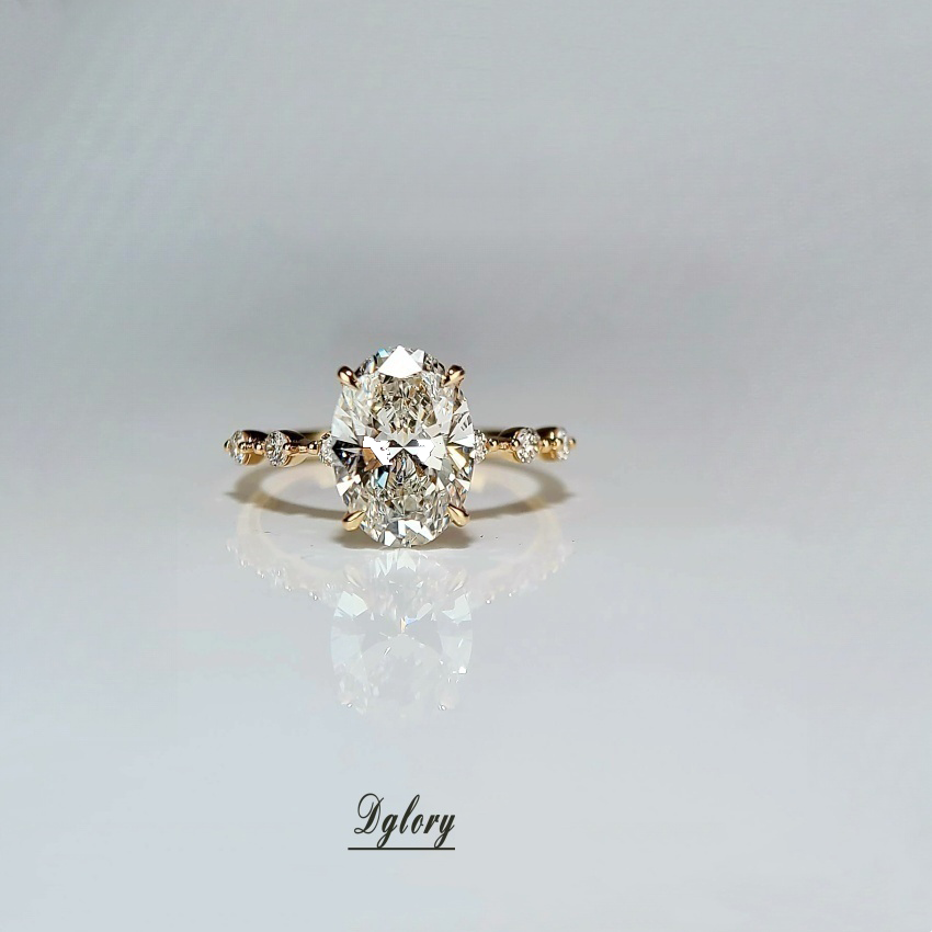 Lab Grown Diamond Ring, 14K 2.5 CT, E VS1, Lab Oval, Engagement Ring, IGI Certified, Hidden Halo Over Prongs , 3 Lab Space Out Either Side (ST 0008)
