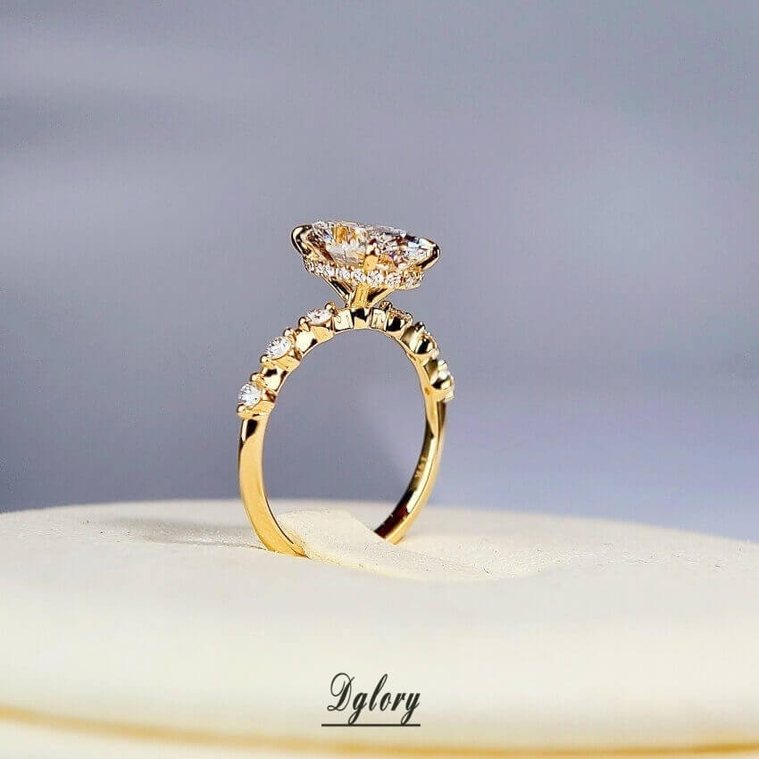 Lab Diamond Engagement Ring,14K White and Yellow 2-Tone 3CT, E VS1, Oval Cut ,Hidden Halo Over Prongs, Side Lab Marquise and Round Half Band (ST 0009)
