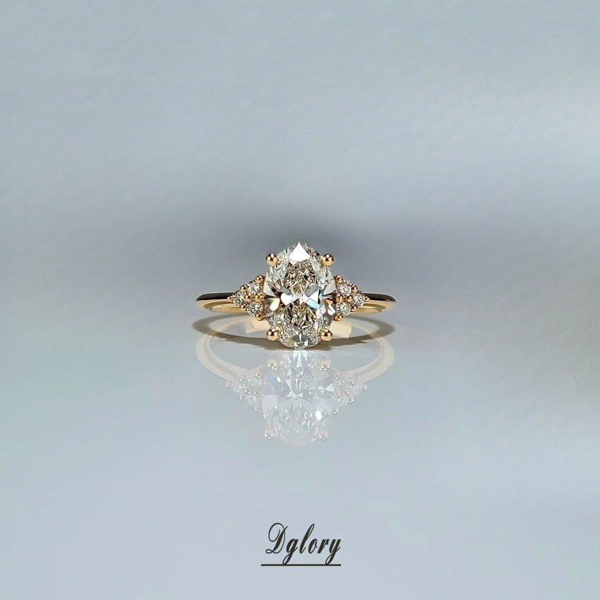 Lab Diamond Engagement Ring, 14K , 1.5CT, E VS1, Lab Oval Cut, IGI Certified,Lab Created Engagement Ring, 3 Lab Cluster Either Side Round (ST 0012)