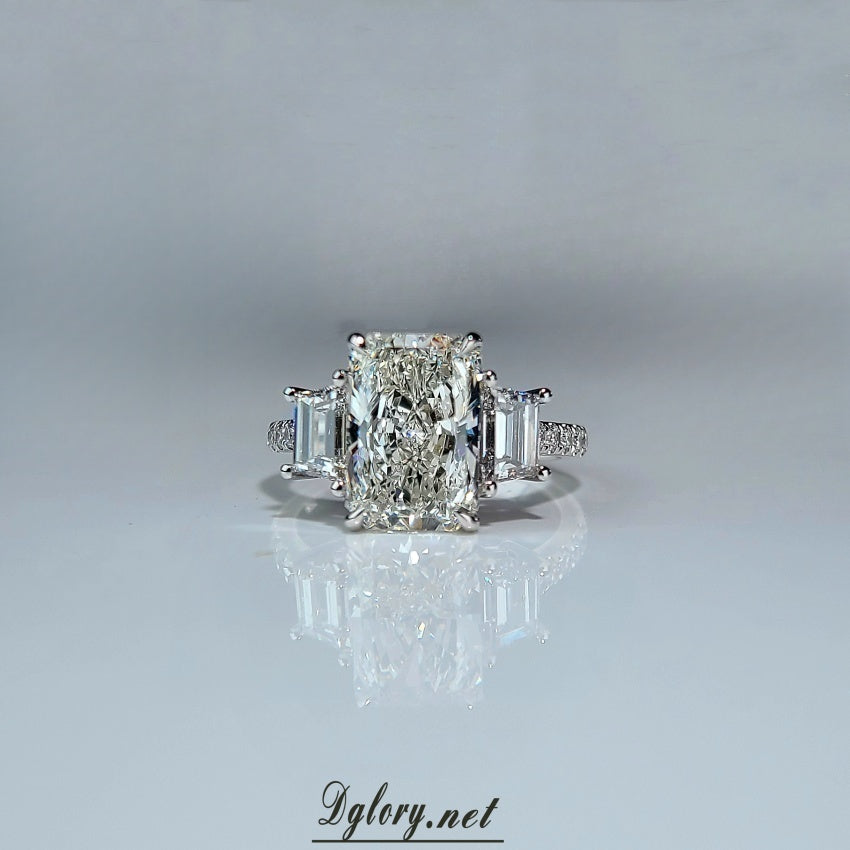 14K,4CT, F VS1, Lab Radiant Cut, Lab Grown Created Diamond Engagement Ring, IGI Certified, 1 Lab Baguette Either Side, Hidden Halo (ST 0026)