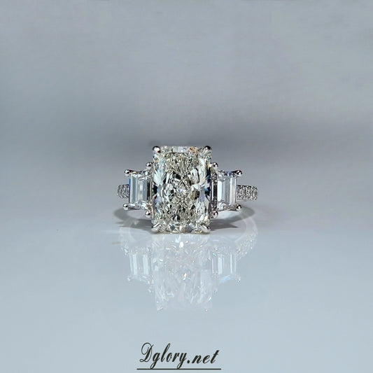 14K,4CT, F VS1, Lab Radiant Cut, Lab Grown Created Diamond Engagement Ring, IGI Certified, 1 Lab Baguette Either Side, Hidden Halo (ST 0026)