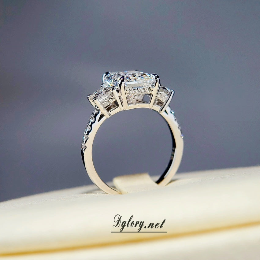 14K,4CT, F VS1, Lab Radiant Cut, Lab Grown Created Diamond Engagement Ring, IGI Certified, 1 Lab Baguette Either Side, Hidden Halo (ST 0026)