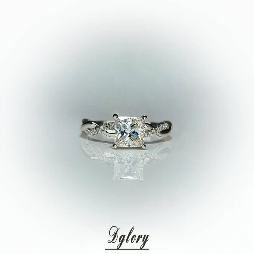 1CT, D VVS1, Moissanite 6.5mm Princess Cut,14K, Moissanite Diamond Engagement Ring, GRA Certified, Twiste Band Paved, Side Stone Moissanite