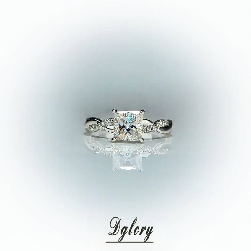 1CT, D VVS1, Moissanite 6.5mm Princess Cut,14K, Moissanite Diamond Engagement Ring, GRA Certified, Twiste Band Paved, Side Stone Moissanite