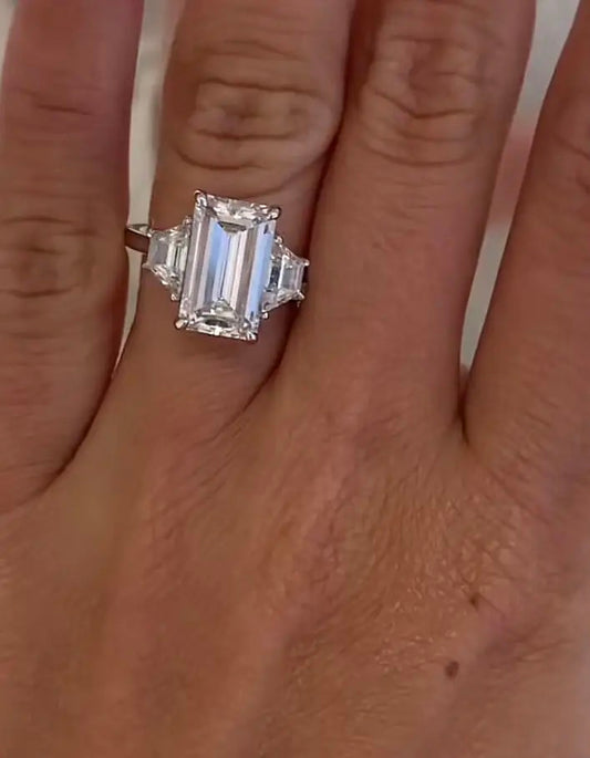 JOS TIKTOK LIVESTREAM Ring 14K white gold 5ct lab emerald cut large ratio 2-tone E VVS2 with 2 side baguettes 1.5ct-2.0ct 3mm band width size 5