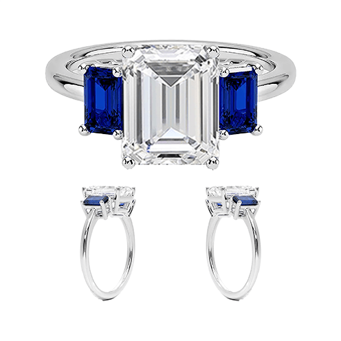 Luxe Rhiannon Three Stone center 4ct f vs1 lab emerald cut diamond with lab blue baguette Sapphire Engagement Ring (EM 4138)