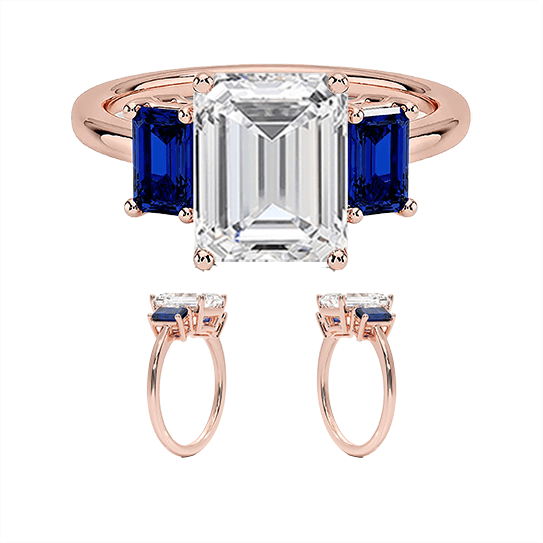 Luxe Rhiannon Three Stone center 4ct f vs1 lab emerald cut diamond with lab blue baguette Sapphire Engagement Ring (EM 4138)