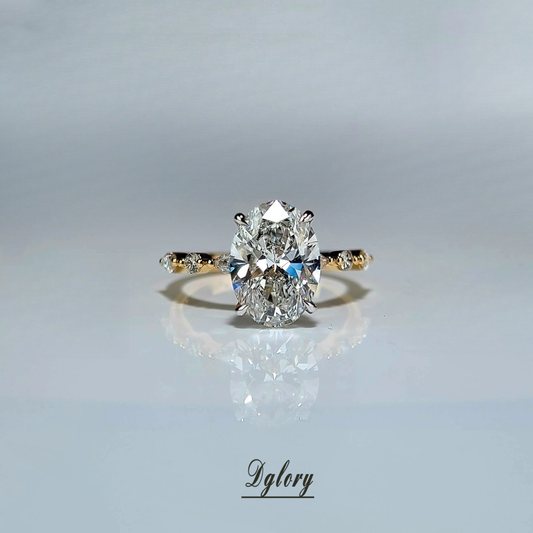 Lab Diamond Engagement Ring,14K White and Yellow 2-Tone 3CT, E VS1, Oval Cut ,Hidden Halo Over Prongs, Side Lab Marquise and Round Half Band (ST 0009)