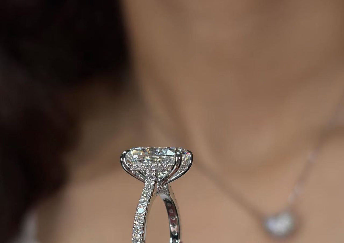 DA TIKTOK LIVESTREAM 30% deposit LINK , 14K white Gold 5CT,E VS1, elongated cushion Cut Lab DiamondRing half paved band with hidden halo and hidden bridge IGI Certified,paved band size 6.5