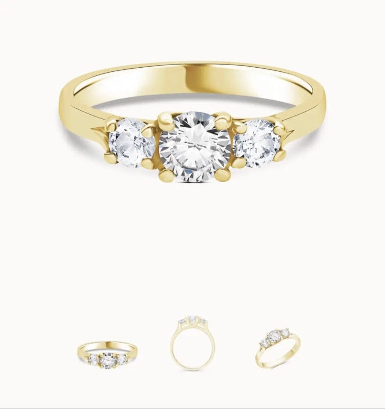 Kris TIKTOK LIVESTREAM solid 14K Yellow GOLD center 1CT round E VS1 3-stone side round 0.2ct-0.3ct each piece total 2pcs side stone Lab-Grown Diamond Ring with IGI Certificate size euro 53-54, US size 6.5-6.75