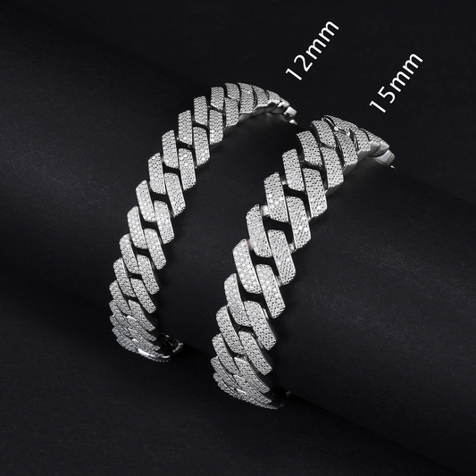 MOISSANITE 3-row Bracelet 12mm 15mm Rounded Prong Cuban Link Chain Silver chain,Solid 925 Sterling Silver Chain Lengths PASSES DIAMONDTester