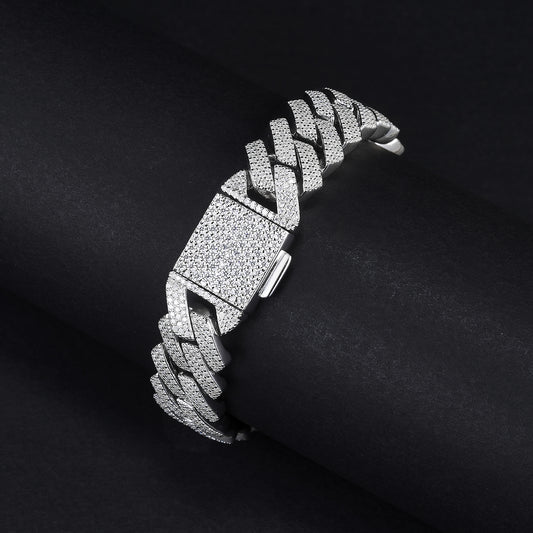 MOISSANITE 3-row Bracelet 15mm Rounded Prong Cuban Link Chain Silver chain, Solid 925 Sterling Silver Chain Lengths PASSES DIAMOND Tester