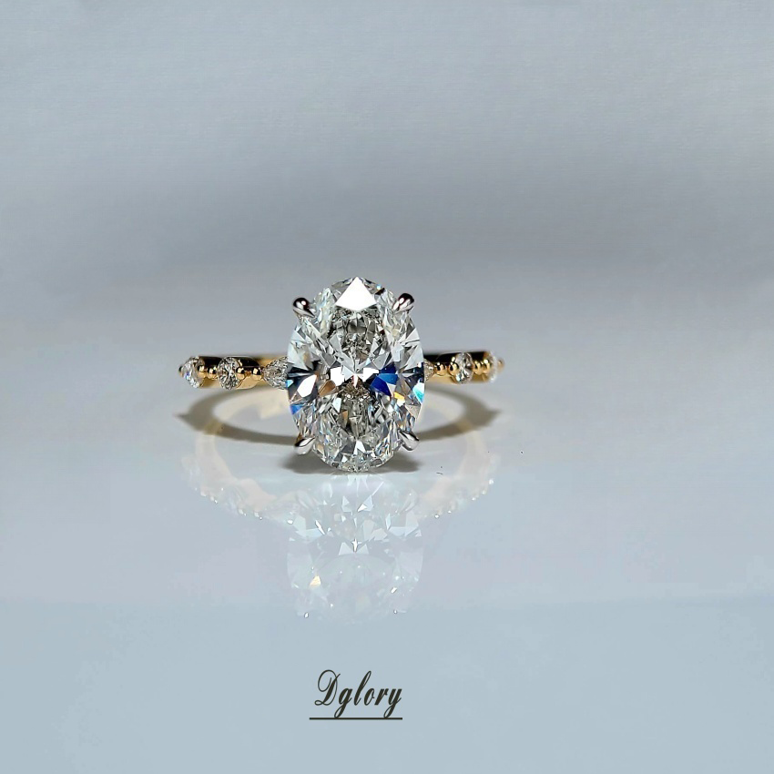 Lab Diamond Engagement Ring,14K White and Yellow 2-Tone 3CT, E VS1, Oval Cut ,Hidden Halo Over Prongs, Side Lab Marquise and Round Half Band (ST 0009)