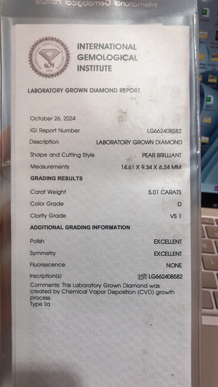 TIKTOK LIVESTREAM 5.0ct 18K Gold Lab Pear Diamond Ring side stones 1.446ct- Pear cut Water Drop Shape,D VS1 Cathedral Setting