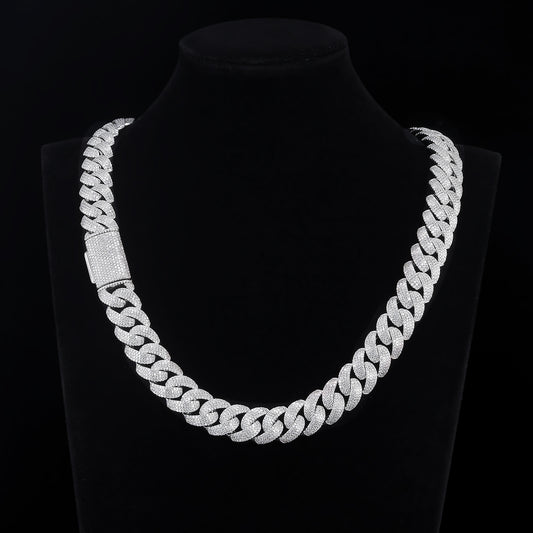 MOISSANITE Miami 4-row 15mm Rounded Prong Miami Cuban Link Chain Necklace Bracelet, Solid 925 Sterling Silver, Lengths,PASSES DIAMOND Tester