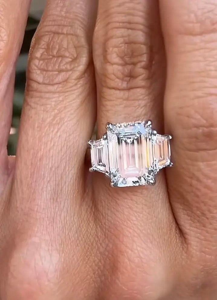 JOS TIKTOK LIVESTREAM Ring 14K white gold 5ct lab emerald cut large ratio 2-tone E VVS2 with 2 side baguettes 1.5ct-2.0ct 3mm band width size 5