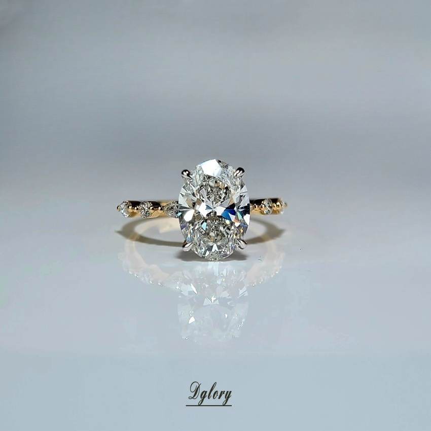 Lab Diamond Engagement Ring,14K White and Yellow 2-Tone 3CT, E VS1, Oval Cut ,Hidden Halo Over Prongs, Side Lab Marquise and Round Half Band (ST 0009)