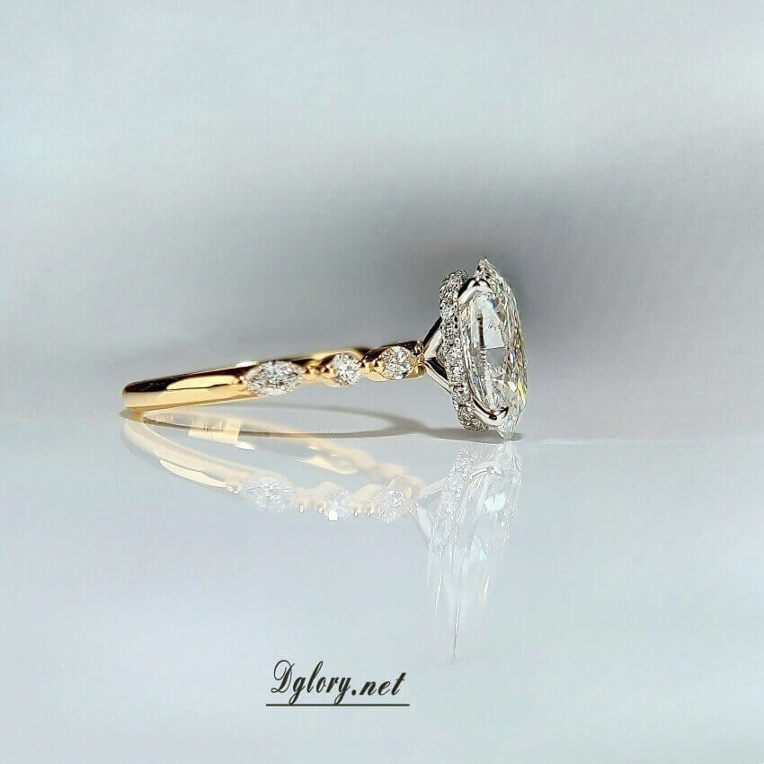 Lab Diamond Engagement Ring,14K White and Yellow 2-Tone 3CT, E VS1, Oval Cut ,Hidden Halo Over Prongs, Side Lab Marquise and Round Half Band (ST 0009)
