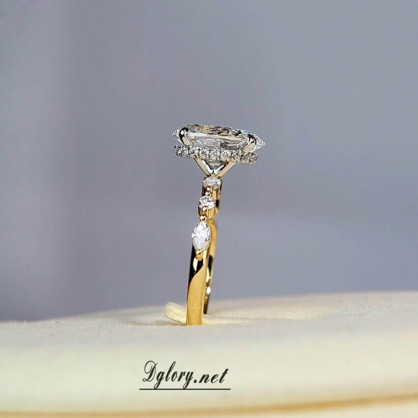 Lab Diamond Engagement Ring,14K White and Yellow 2-Tone 3CT, E VS1, Oval Cut ,Hidden Halo Over Prongs, Side Lab Marquise and Round Half Band (ST 0009)