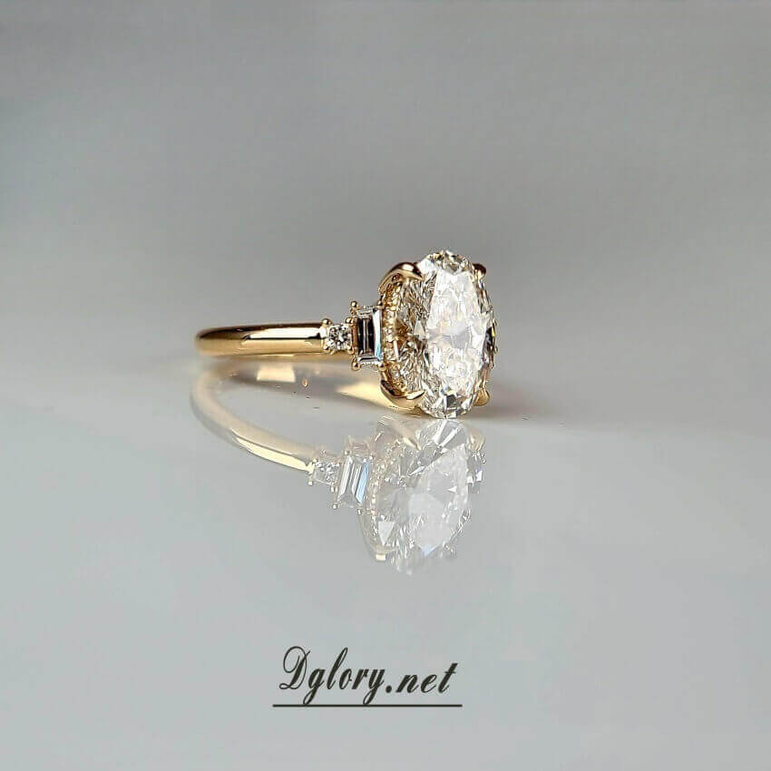 Lab Grown Diamond Engagement Ring, 14K, 2 CT, E VVS2, Lab Oval Cut, IGI Certified, Lab Created Oval Ring, Side 2 Lab Baguette Either Side (ST 0018)