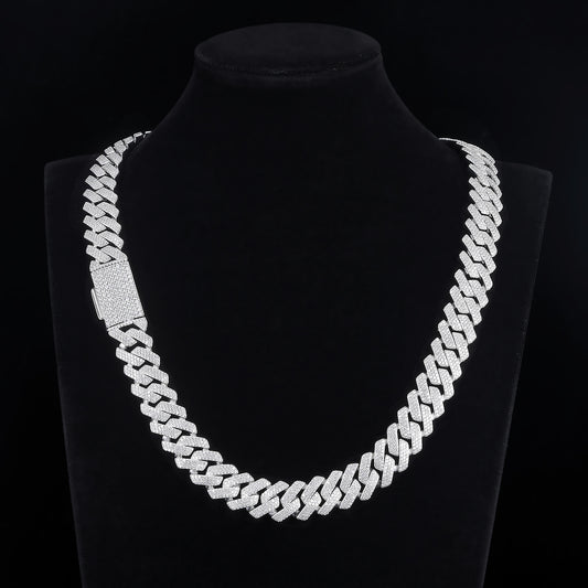 MOISSANITE 3-row Chain Prong 15mm Rounded Prong Cuban Link Chain Silver 925 Sterling Silver Chain, Custom Lengths, PASSES DIAMOND Tester