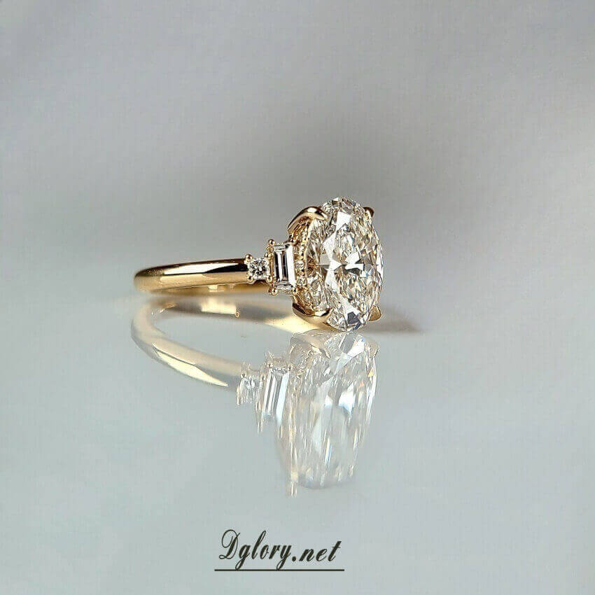 Lab Grown Diamond Engagement Ring, 14K, 2 CT, E VVS2, Lab Oval Cut, IGI Certified, Lab Created Oval Ring, Side 2 Lab Baguette Either Side (ST 0018)