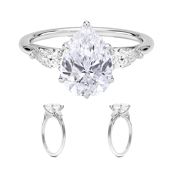 14K Gold Three Stone Pear Cut Shape 2ct E VVS2  Lab Diamond Engagement Ring (PE 1120)