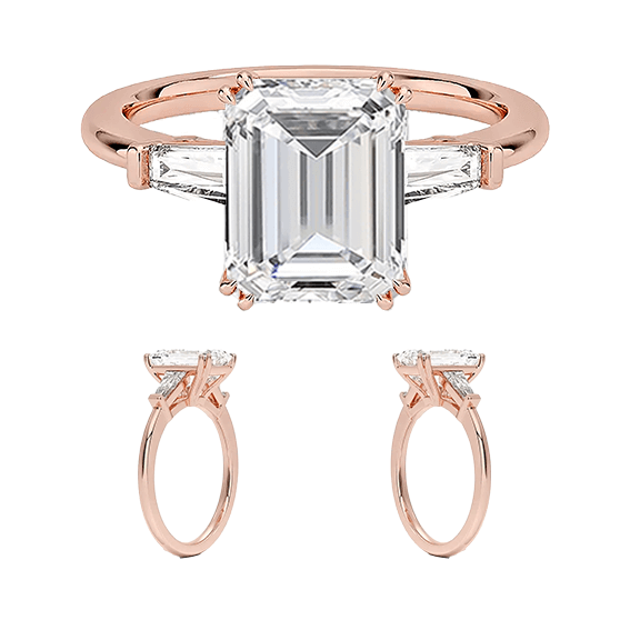 Tapered Baguette 2.96TCW Center 2.5ct E VVS2  Three Stone Diamond Double Prongs Engagement Ring Low Profile Lab Diamond (EM 4127)