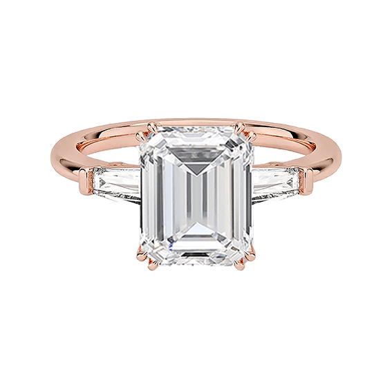 Tapered Baguette 2.96TCW Center 2.5ct E VVS2  Three Stone Diamond Double Prongs Engagement Ring Low Profile Lab Diamond (EM 4127)