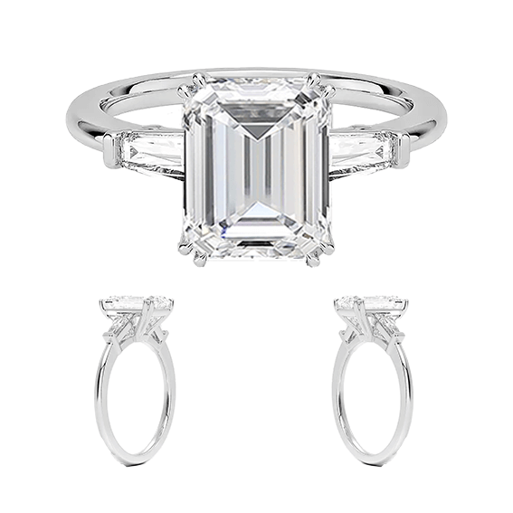 Tapered Baguette 2.96TCW Center 2.5ct E VVS2  Three Stone Diamond Double Prongs Engagement Ring Low Profile Lab Diamond (EM 4127)