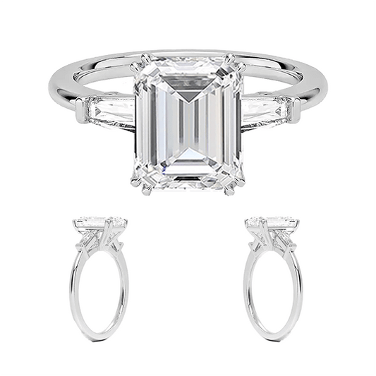 Tapered Baguette 2.96TCW Center 2.5ct E VVS2  Three Stone Diamond Double Prongs Engagement Ring Low Profile Lab Diamond (EM 4127)