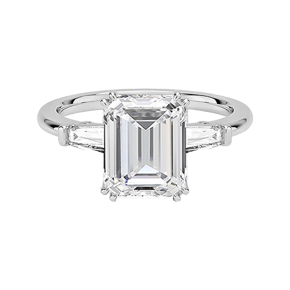 Tapered Baguette 2.96TCW Center 2.5ct E VVS2  Three Stone Diamond Double Prongs Engagement Ring Low Profile Lab Diamond (EM 4127)