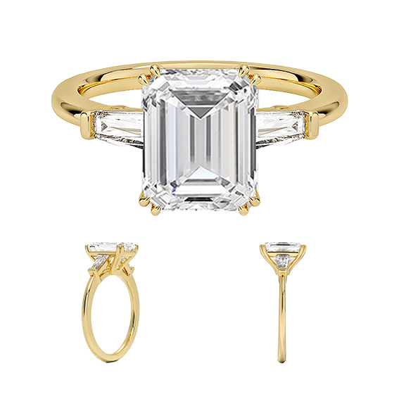 Tapered Baguette 2.96TCW Center 2.5ct E VVS2  Three Stone Diamond Double Prongs Engagement Ring Low Profile Lab Diamond (EM 4127)