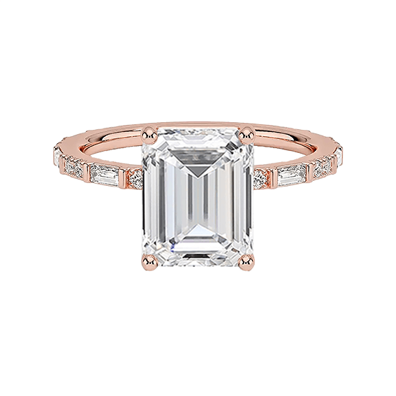 2.5ct emerald cut lab diamond ring with  Baguette and Round Lab Diamond Ring (EM 4129)