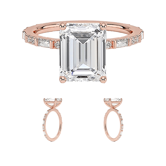 2.5ct emerald cut lab diamond ring with  Baguette and Round Lab Diamond Ring (EM 4129)