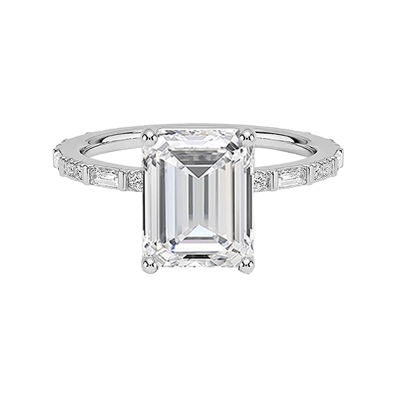 2.5ct emerald cut lab diamond ring with  Baguette and Round Lab Diamond Ring (EM 4129)