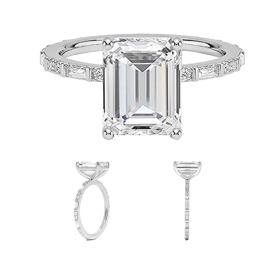 2.5ct emerald cut lab diamond ring with  Baguette and Round Lab Diamond Ring (EM 4129)