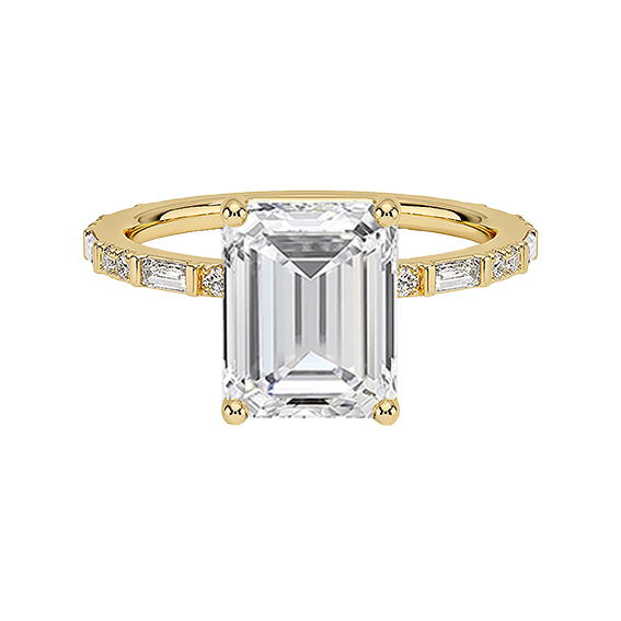 2.5ct emerald cut lab diamond ring with  Baguette and Round Lab Diamond Ring (EM 4129)