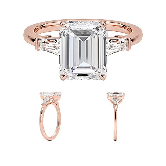 Tapered Baguette Center 3ct E VVS2 Emerald Lab Diamond Engagement Ring Low Profile Single Prong Lab Diamond (EM 4126)