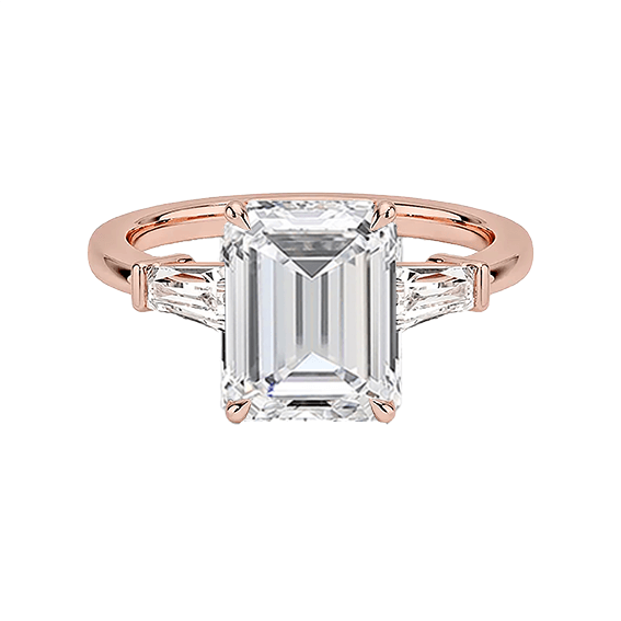 Tapered Baguette Center 3ct E VVS2 Emerald Lab Diamond Engagement Ring Low Profile Single Prong Lab Diamond (EM 4126)